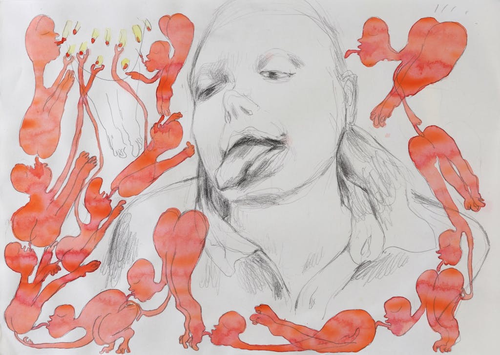 Andrea Éva Győri, Bold Head With Tongue (1), 2019, pencil and gouache on paper, 29,7 x 42 cm. Photo: Robert Glas. - © Photo: Robert Glas., Paris Internationale