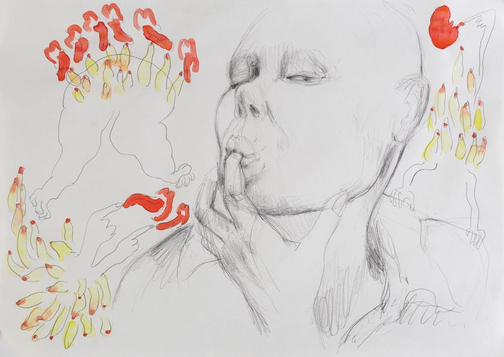 Andrea Éva Győri, Bold Head With Tongue (2), 2019, pencil and gouache on paper, 29,7 x 42 cm. Photo: Robert Glas. - © Photo: Robert Glas., Paris Internationale