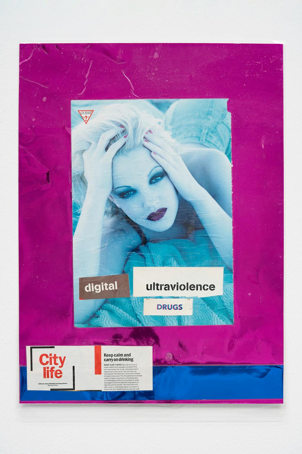 Richard Sides
Untitled (Drew Barrymore digital ultraviolence DRUGS City life Keep calm...), 2018
laminated mixed media
60 × 42,5 cm - © Paris Internationale