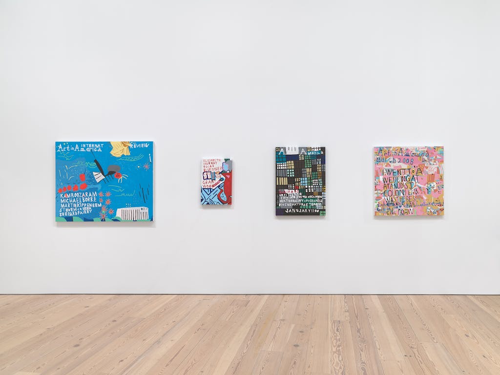Installation view of the Whitney Biennial 2019, Whitney Museum of American Art, New York, NY, on view May 17–September 22, 2019. From left to right: Marlon Mullen, *Untitled*, 2018; Marlon Mullen, *Untitled*, 2018; Marlon Mullen, *Untitled*, 2018; Marlon Mullen, *Untitled*, 2018. Photo: by Ron Amstutz. - © Paris Internationale