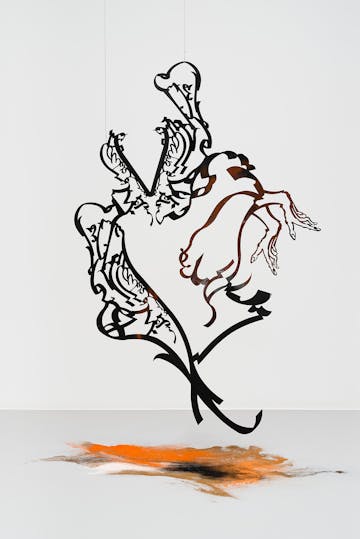 Monia Ben Hamouda, *Hitting (Aniconism as Figuration Urgency)*, 2023, Laser cut iron, spice powders, 209 × 141 × 0.03 cm, Photo by Marjorie Brunet Plaza - © The Artist and ChertL&uuml;dde, Berlin, Paris Internationale